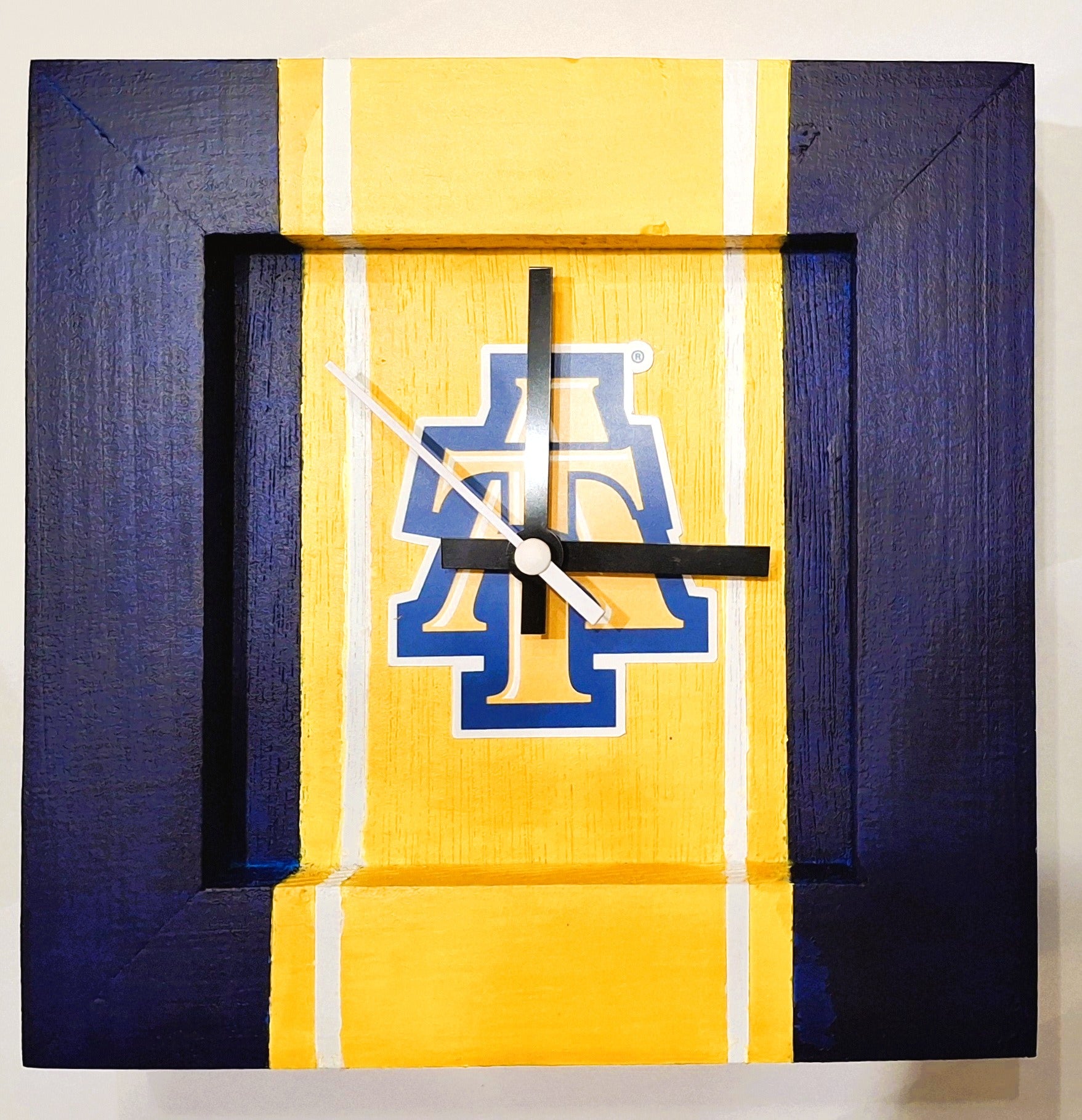 North Carolina A&T Handmade Clock - 8 x 8 Yellow Center